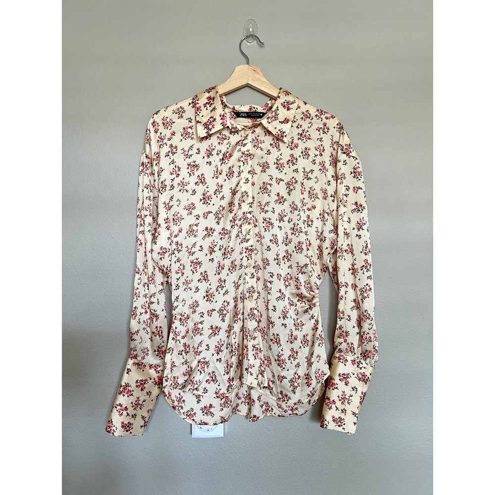 Zara Satin Cream & Pink Floral Button Down Synched Button Down Top